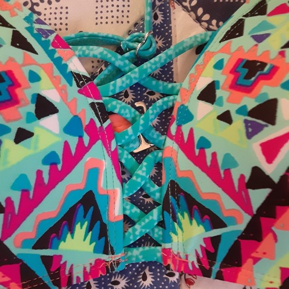 Bright neon orange & southwestern pattern OP bikini - Picture 6 of 9